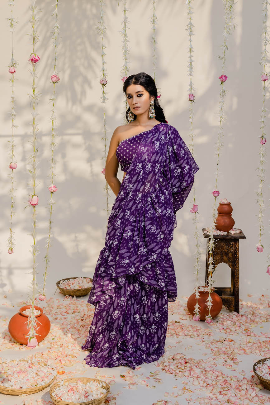 Embroidered Purple Printed Saree